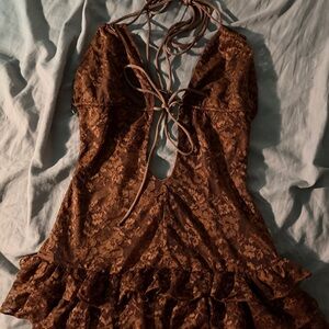Windsor Brown Lace Backless Halter Ruffle Mini Dress